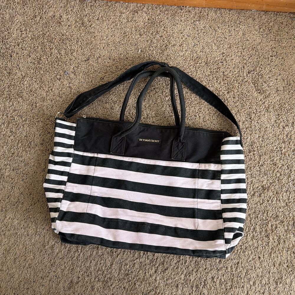Victoria's Secret Pink and Black Striped Canvas Weekender Duffle Tote Bag